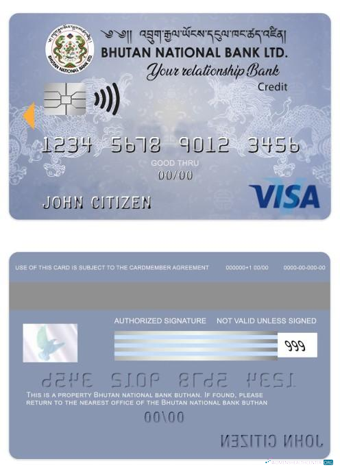 Download Bhutan national bank LTD visa credit card Photoshop template